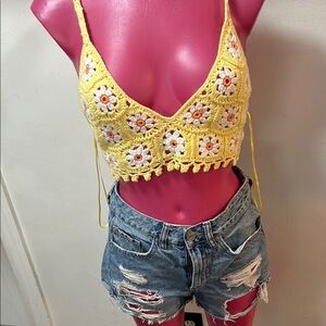 Yellow Crochet Floral Crop Top